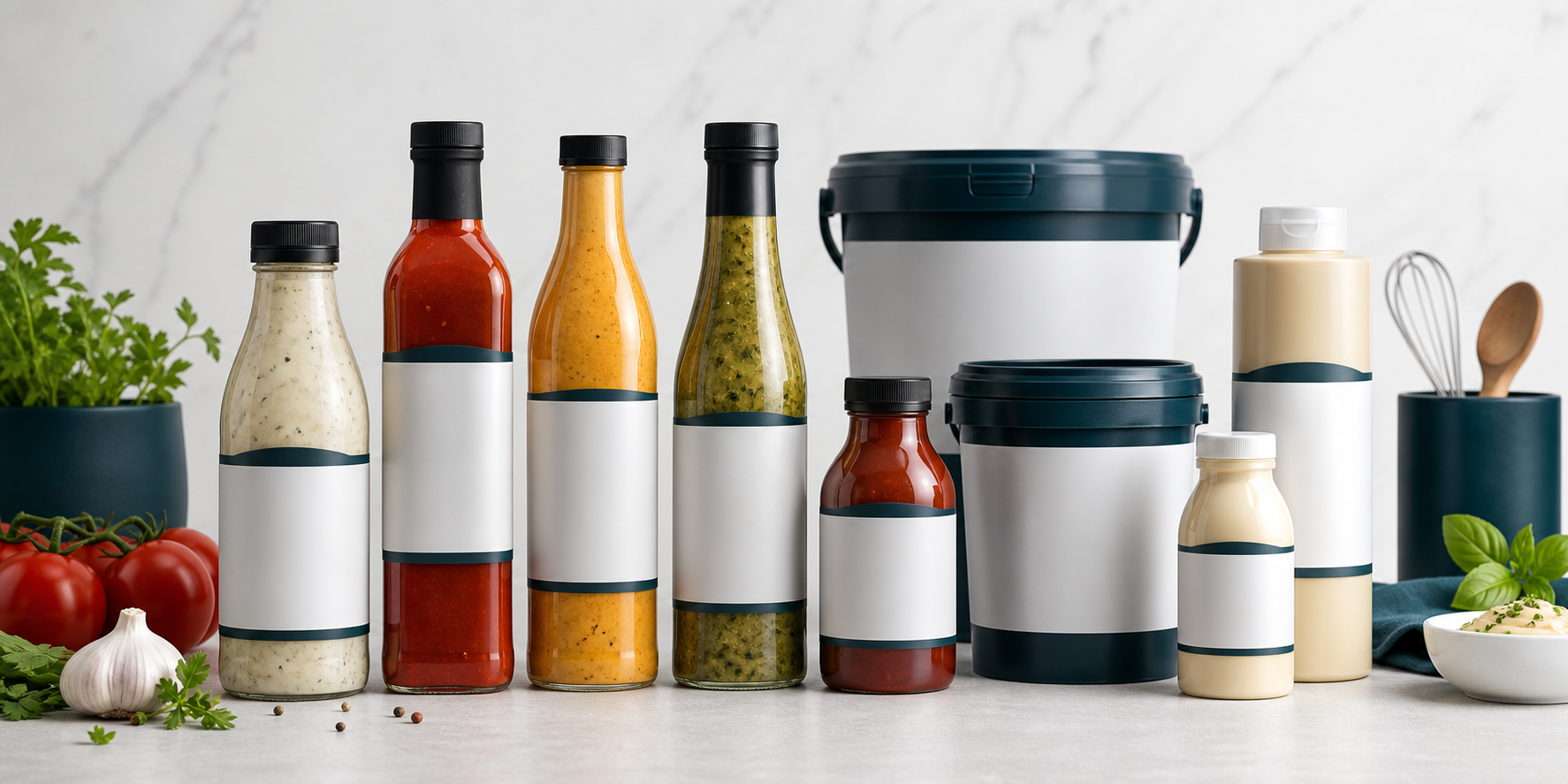 Verschiedene Saucenflaschen und Food-Service Gebinde