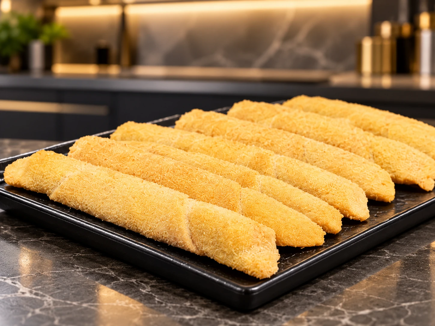 Panierte Knuspersticks auf einer schwarzen Servierplatte