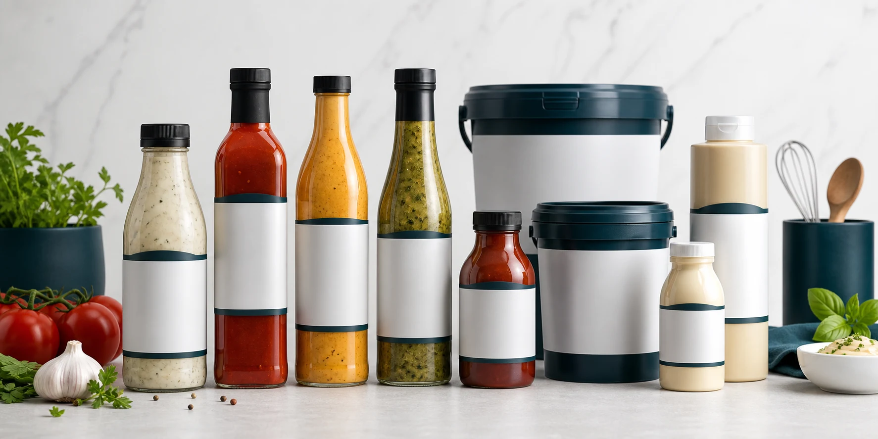 Illustrative Saucenflaschen und Food-Service-Gebinde